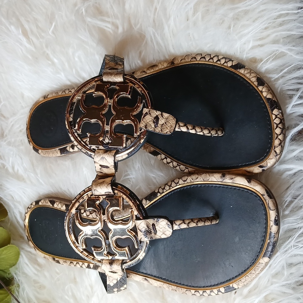 Tory Burch Black and Tan Sandals with Logo Design. Reptile print
